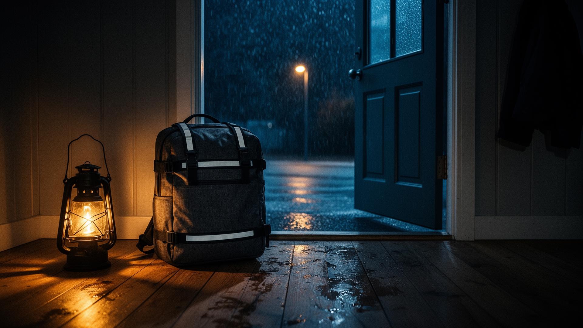Mörk svensk vinterkväll. En färdigpackad beredskapsväska står vid dörren, upplyst av en lykta.